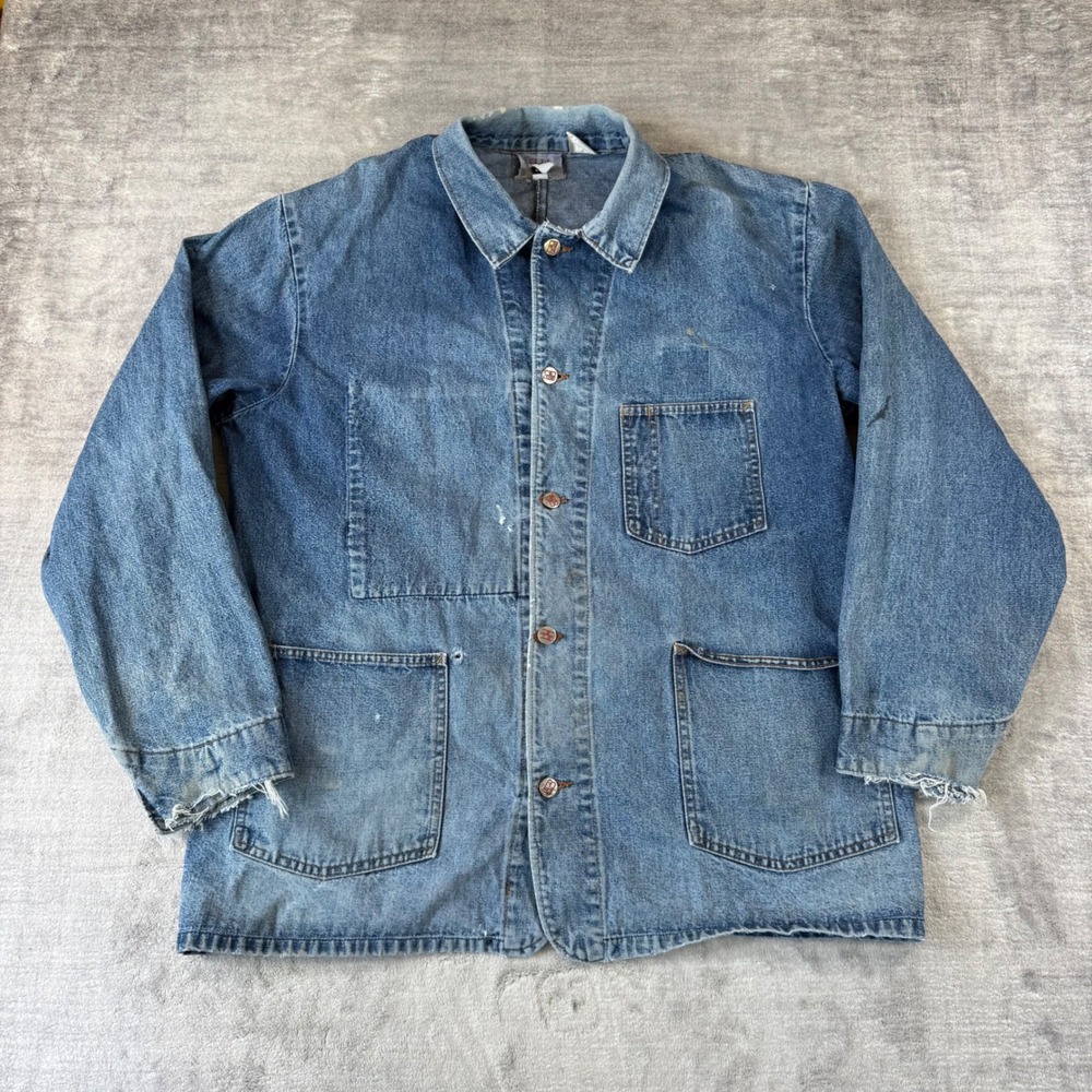 Big B Jacket Mens 44 Blue Vtg Denim Chore Coat Distressed Workwear Utility Barn